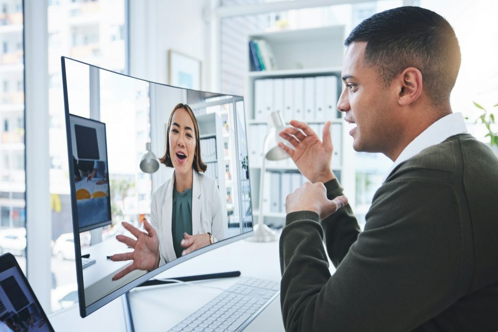 Business people, video call and computer screen in online meeting, teamwork and feedback or plannin